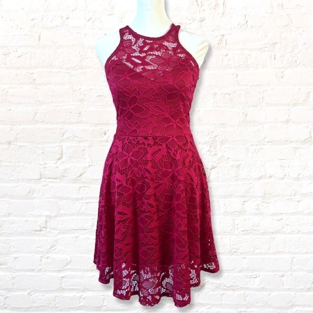 Material Girl Mini Skater Dress Lace Floral High Neck Size Small Berry Pink